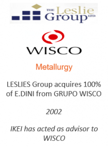 LESLIES Group acquires 100% of E.DINI from GRUPO WISCO
Metallurgy
2002
IKEI has acted as advisor to WISCO