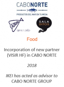 Incorporation of new partner (VISIR HF) in CABO NORTE
Food 
2018
IKEI has acted as advisor to  CABO NORTE GROUP