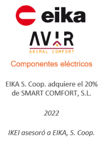 EIKA S. Coop. adquiere el 20% de SMART COMFORT, S.L.
Componentes eléctricos
2022
IKEI asesoró a EIKA S.Coop.