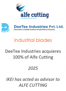 DeeTee Industries acquieres 100% of Alfe Cutting
Industrial blades
2025
IKEI has acted as advisor to ALFE CUTTING