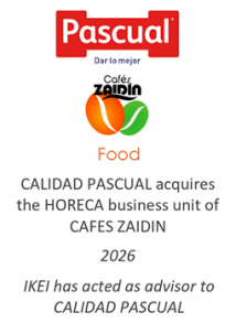 CALIDAD PASCUAL acquires the HORECA business unit of CAFES ZAIDIN
Food
2026
IKEI has acted as advisor to CALIDAD PASCUAL