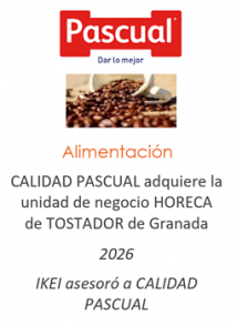 CALIDAD PASCUAL adquiere la unidad de negocio HORECA de TOSTADOR de Granada
Alimentación
20226
IKEI asesoró a CALIDAD PASCUAL